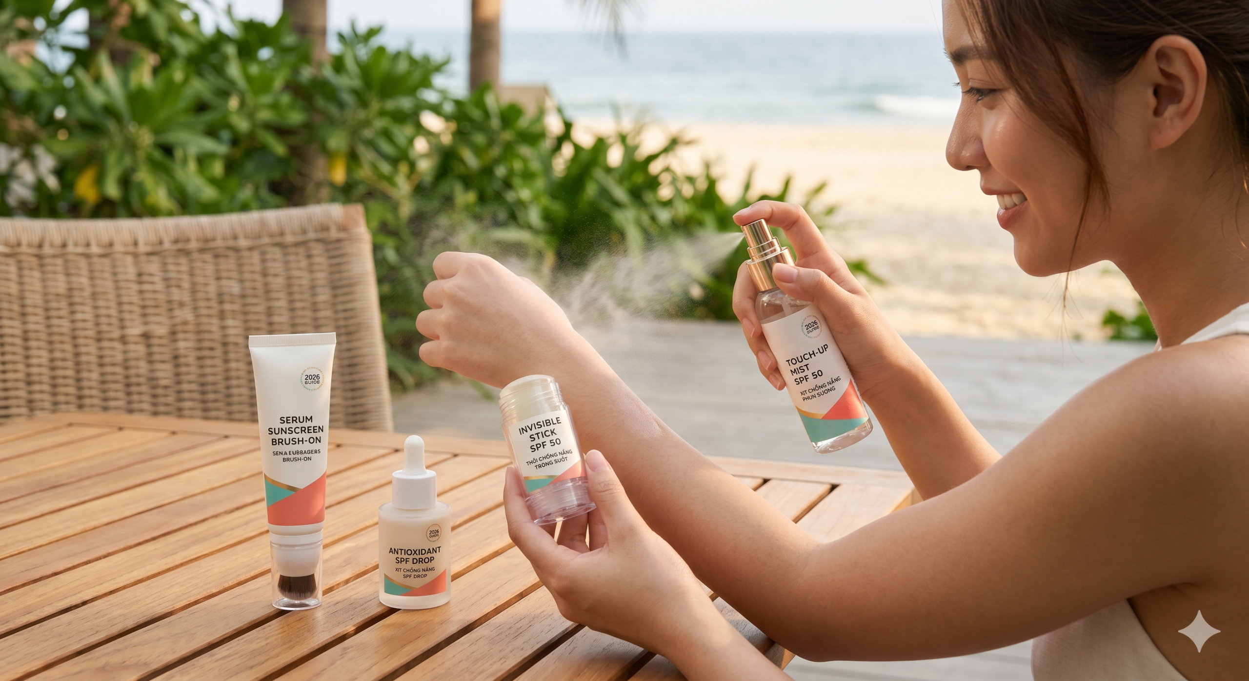Modern diverse advanced best sunscreen formats in a clean flatlay